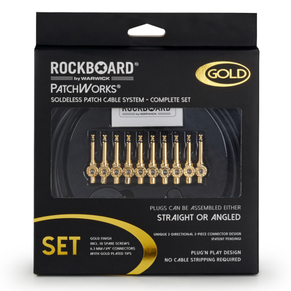 RockBoard PatchWorks Solderless Patch Cable Set - 9.8' Cable + 10 Plugs - Gold-ThePedalGuy